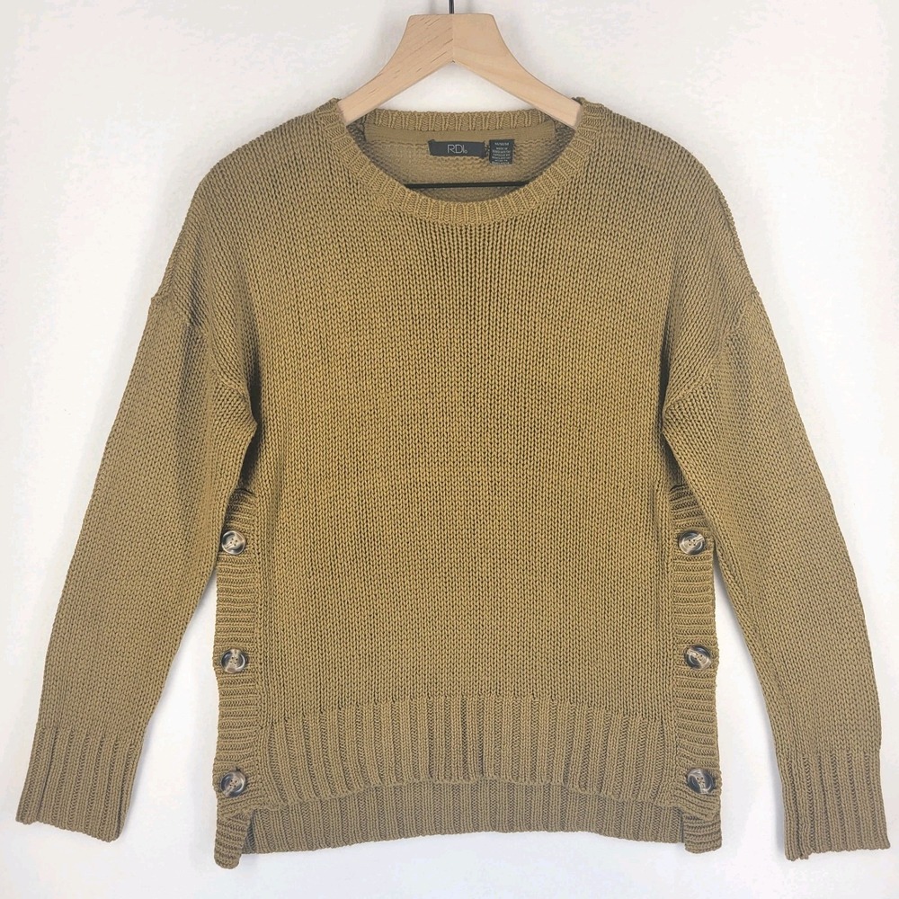 RDI Mustard Yellow Button Side Sweater Women's M Textured Knit Boho Lagenlook‎
